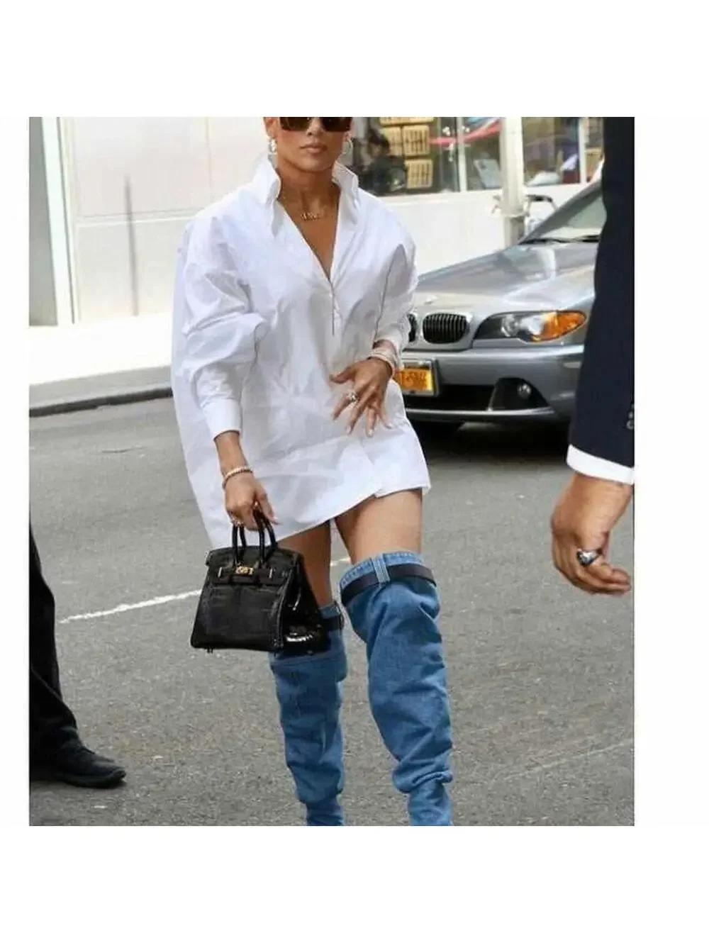 Denim Thigh-High Stiletto Boots with Belt Detail